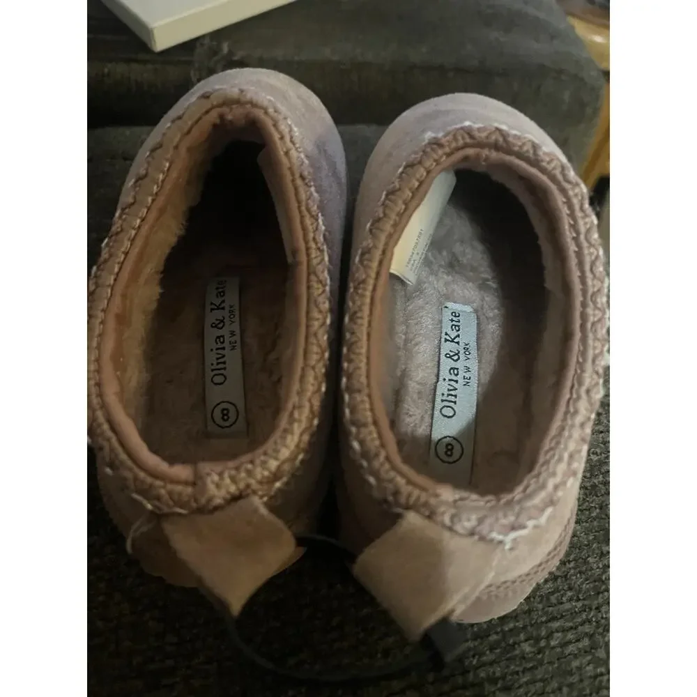Olivia & Kate cozy Hard Bottom slippers size 8 blush pink faux suede